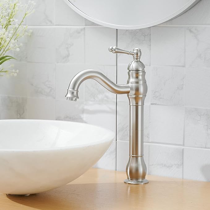 Brushed Nickel Vessel Sink Faucet 360° Swivel for Bathroom Single Hole Farmhouse Tall Commercial Vanity Matching Pop Up Drain Without Overflow