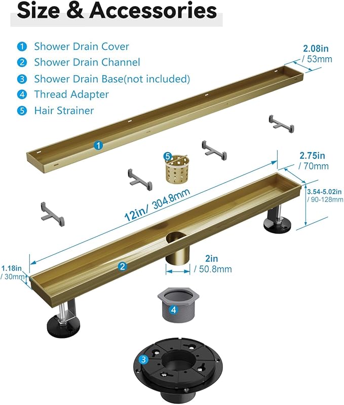 Shower Drain, 12 Inch Gold Linear Shower Drain with Removable Tile Insert Grate, 2 in 1 Bathroom Modern 304 Stainless Steel Brushed Gold Shower Floor Drain with Adjustable Feet,Hair Filter