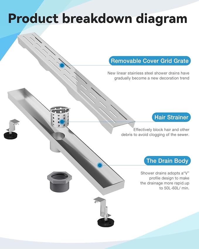 Shower Drain Stainless Steel for Bathroom: Brushed Nickel Linear Shower Drain 18 Inch with Removable Brick Pattern Grate - Adjustable Rectangular Shower Floor Drain with Hair Strainer