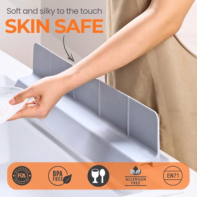 MessOut Extra Large Silicone Kitchen Sink Splash Guard 58x9x10cm– Non-Slip with Strong Suction, Non Crumble, non-harmful, Durable & Easy-to-Clean Protector for a Mess-Free Sink and Dishwashing (White)