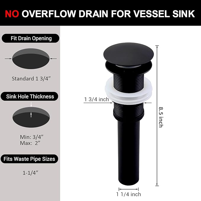Bathroom Sink Drain Without Overflow - 1 3/4" Drain Opening - Pop Up Drain for Vessel Sink,Matte Black,Y1618W-BLK
