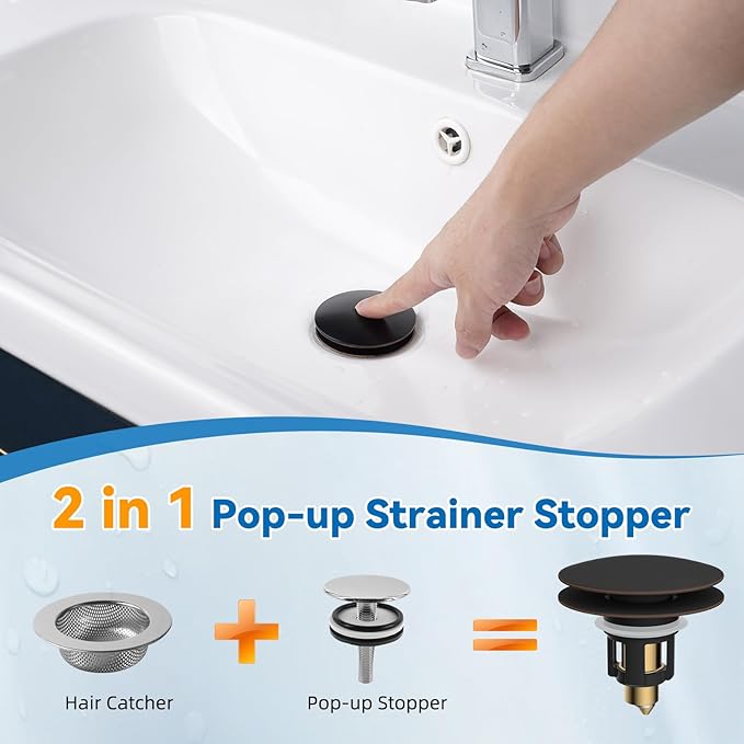 Universal Bathroom Sink Stopper, Metal Pop Up Sink Drain Strainer with Hair Catcher, Fit 1.1"-2.36" US Basin, Wash Basin Drain Plug, Big/Small Cover Cap, Brass Bounce Core, Oil Rubbed Bronze