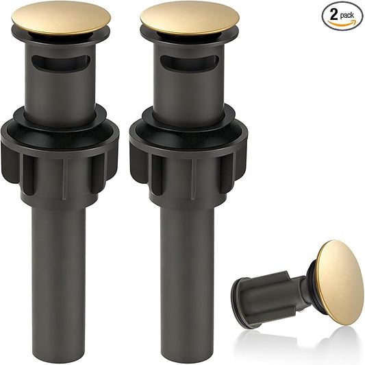 ARCORA Bathroom Sink Drain with Overflow 2 Pack, Brushed Gold Pop Up Drain Stopper Vanity Vessel Sink Clicker Drain Stopper