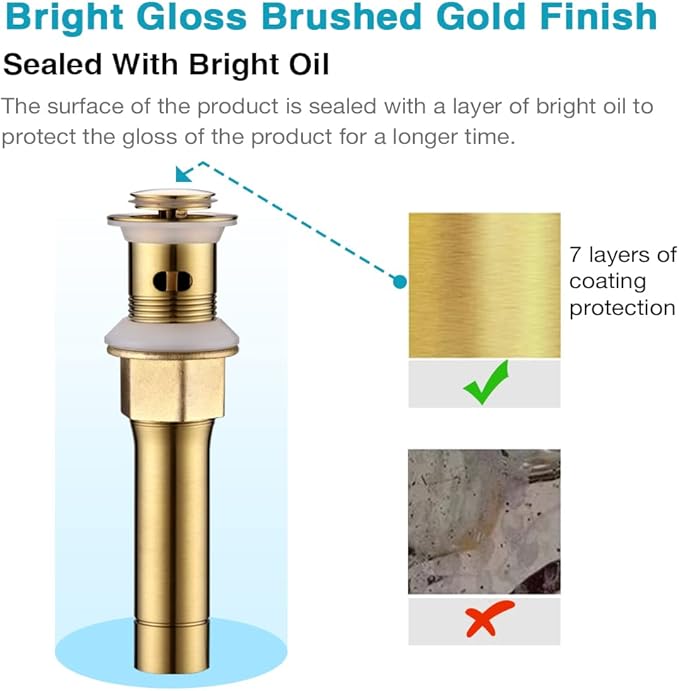 Bathroom Sink Drain with Overflow, Brushed Gold Sink Drain for Bathroom Sink, Universal Stainless Steel Gold Sink Drain, Pop Up Drain Stopper with Detachable Basket