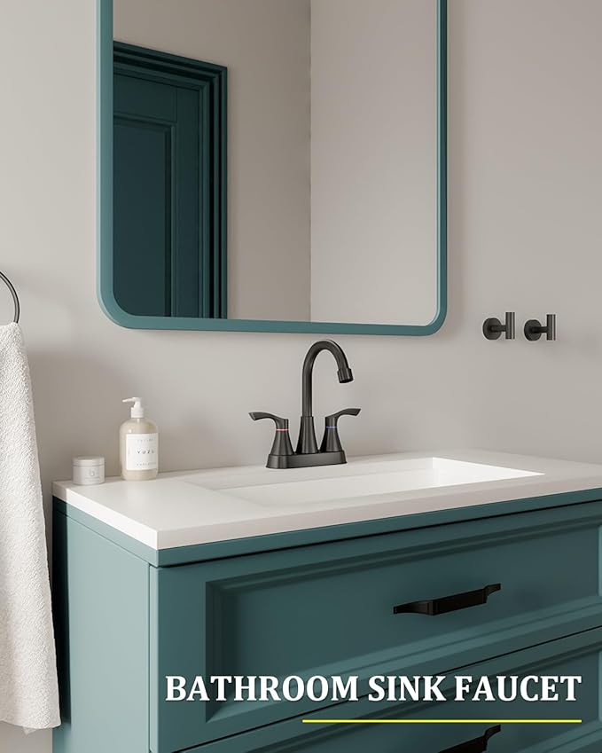 Matte Black Bathroom Faucet 3 Hole, Evolvegoods 4 Inch Stainless Steel Bathroom Sink Faucet, 2 Handle Centerset Faucet for Bathroom Sink Vanity, with Pop Up Drain and 2 Supply Hoses