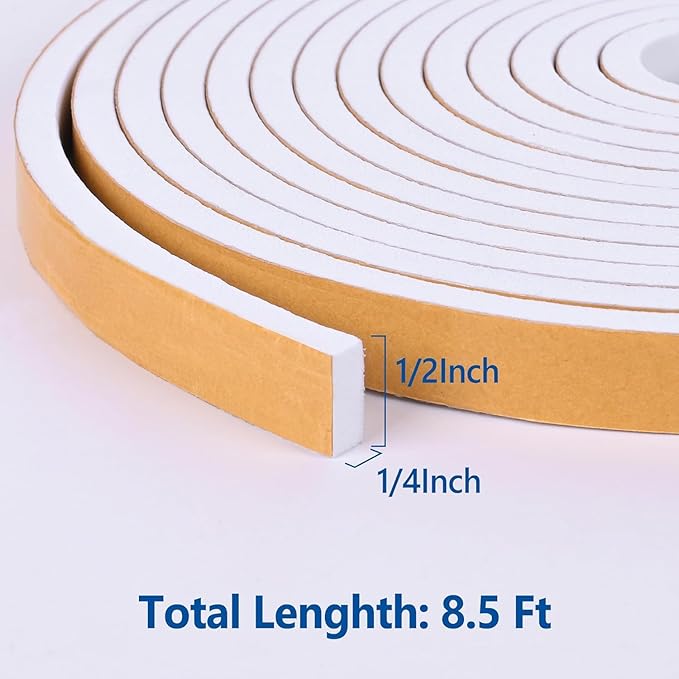 Kikerike Self Adhesive Foam Tape Weatherstrip 1/2in x 1/4in x 8.5Ft High Density Foam Insulation Strips Seal Weather Stripping with Strong Adhesive for Door and Window Sound Isolation Soundproofing