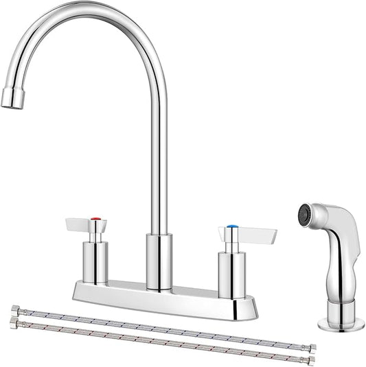 Kitchen Faucet with Sprayer 2 Handle Kitchen Sink Faucets 8 Inch Centerset 3 Hole with Supply Lines Polish Chrome