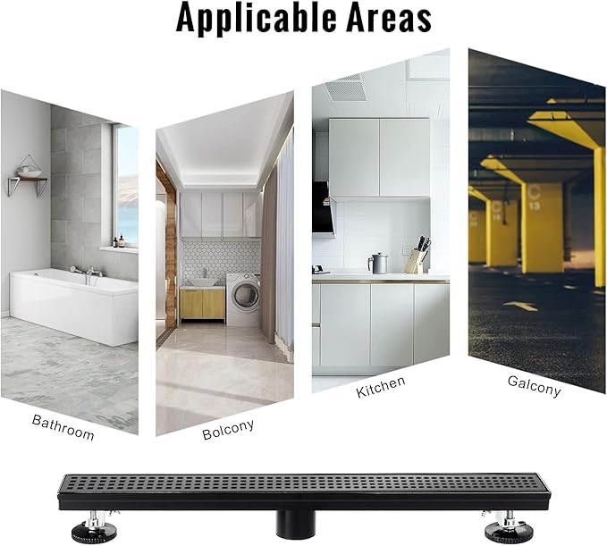 SaniteModar Linear Shower Drain, Black Shower Drain 12 inch with Square Hole Panel, Matte Black Linear Drain with Hair Strainer and Leveling feet