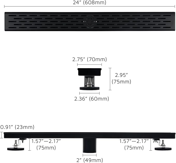 24 Inch Linear Shower Drain Matte Black, Rectangular Shower Floor Drain Kit 304 Stainless Steel, Removable Brick Pattern Grate, Hair Catcher, Leveling Feet