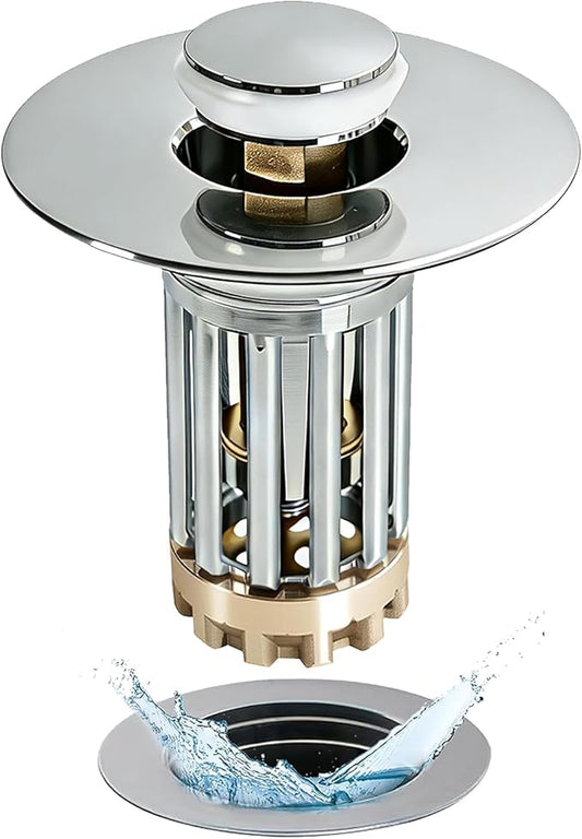 Bathroom Sink Drain Strainer, 3 in 1 Pop Up Bathroom Sink Stopper with Removable Brass Basket Hair Catcher, Universal Sink Plug for 1.06 to 1.6in Drain Hole, Chrome Silver