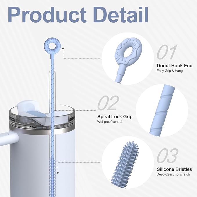 YOTIME Silicone Straw Cleaner Brush, 2 Pcs Reusable Straw Brush(6mm+9mm) for Cleaning Narrow & Wide Straws, Tumblers, Blue