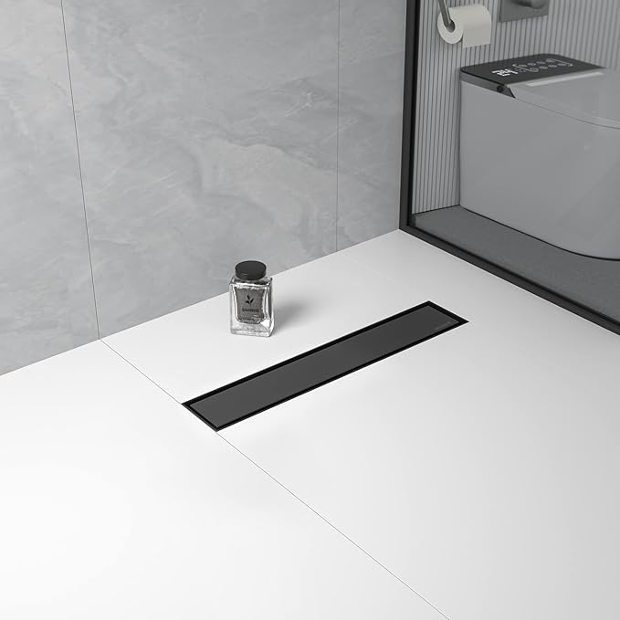 Linear Shower Drain 18", Matte Black Floor Drain with Tiled Insert Grate & Hair Strainer, 304 Stainless Steel Bathroom 2-in-1 Tiled in Drain, CUPC Certified (Matte Black, 18'')