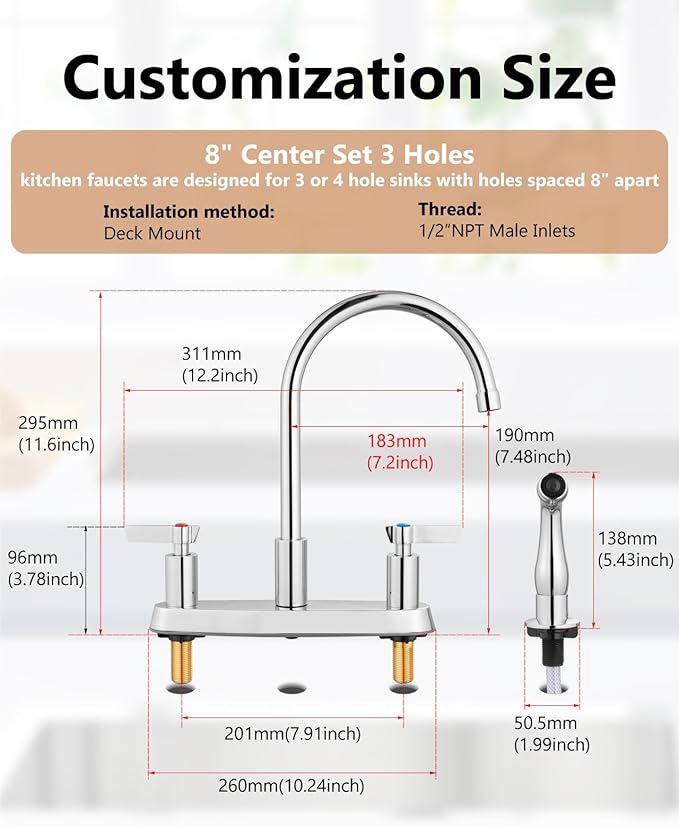 Kitchen Faucet with Sprayer 2 Handle Kitchen Sink Faucets 8 Inch Centerset 3 Hole with Supply Lines Polish Chrome