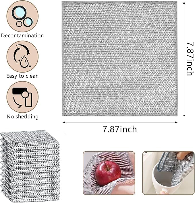 Wire Dishwashing Rag for Wet and Dry,10 Pack Non-Scratch Wire Dishcloth,Multipurpose Cleaning Pads,Wire Miracle Cleaning Cloths,Mesh Cleaning Cloth for Metal Pot Kitchen Dishes