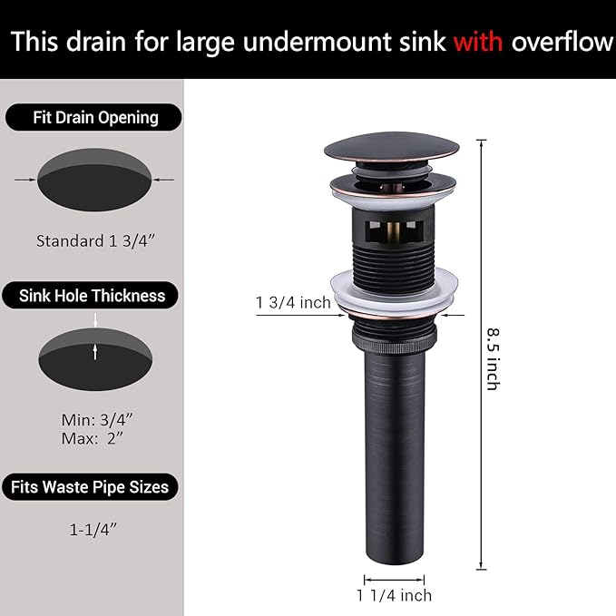 Bathroom Sink Drain with Overflow - Big Cap for Standard 1 3/4" Drain Opening - Pop Up Drain,Oil Rubbed Bronze