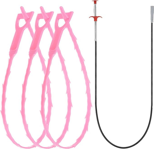 uxcell 3pcs 20 Inch Drain Hair Clog Remover Tool PP & 35 Inch Drain Cleaner Tool Sticks Stainless Steel Sewer Cleaning Hook Unclog Sink Unclogger for Toilet Bathtub Sewer, Pink