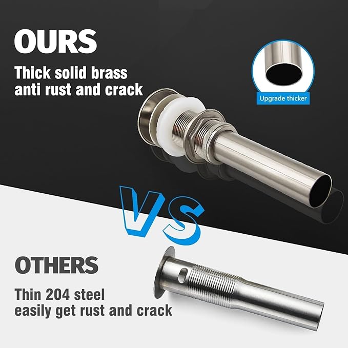 Vessel Sink Drain Without Overflow - Bathroom Sink Drain Stopper - Pop Up Drain All Metal - Big Cap Fit for Vessel or Undermount Sink,Brushed Nickel,YDPOP-1