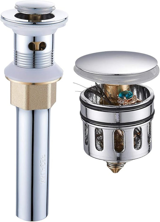 Pop Up Drain Stopper, Built-in Anti-Clogging Strainer, Polished Chrome, Fits Standard American Drain Hole (1-1/2" to 1-3/4")
