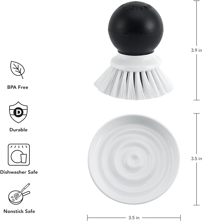 KitchenAid Palm Brush with Dish Tray to Keep Countertops Dry and Clean, Durable Nylon Bristles for Tough Cleaning, Dishwasher Safe, 2 Piece, Black