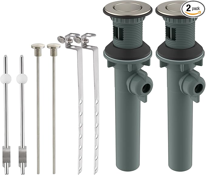 Bathroom Sink Drain with Overflow, 2 Pack Push and Seal Pop Up Drain Stopper with Lift Rod for Bathroom Lavatory Vanity Vessel, Compatible with Moen, American Standard Hole, Brushed Nickel