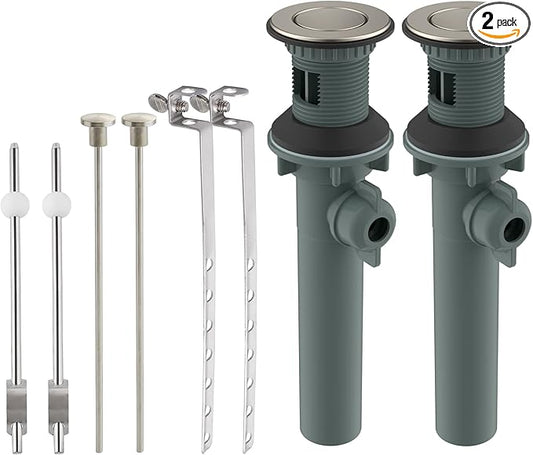 Bathroom Sink Drain with Overflow, 2 Pack Push and Seal Pop Up Drain Stopper with Lift Rod for Bathroom Lavatory Vanity Vessel, Compatible with Moen, American Standard Hole, Brushed Nickel
