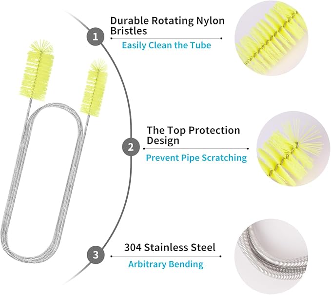 Flexible Drain Brush, 66 Inch Double Ended Aquarium Filter Hose Long Pipe Cleaners Brush for Fish Tank, Sink, Drain, and 2 Pieces 12 Inch Straw Cleaning Brush