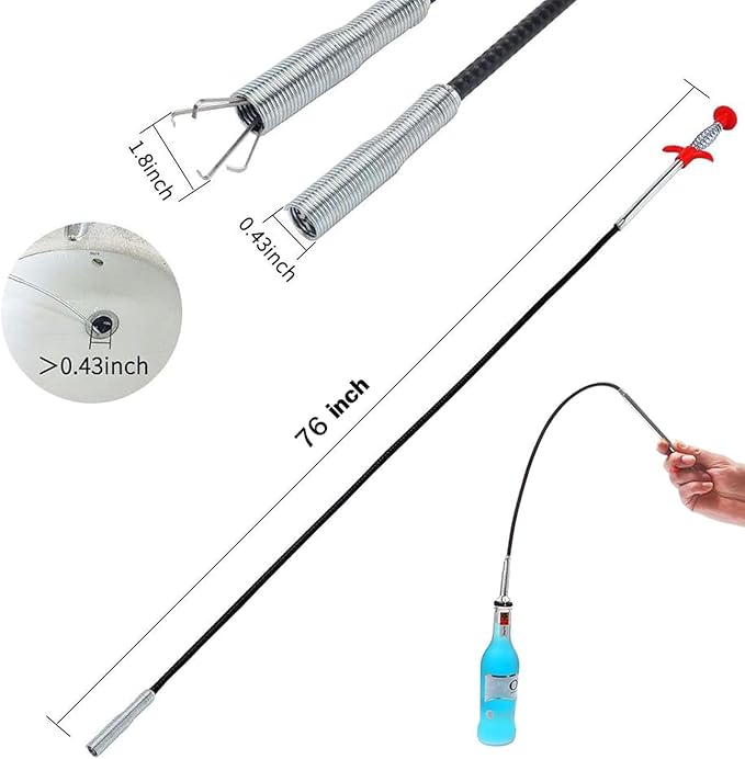 (76 inch) Drain Snake, Drain Clog Remover Tools Cleaner for Toilet Sewer Shower Kitchen Bathroom Tub Clogged Drains Opener Tool, Flexible Grabber Claw Pick Up Reacher
