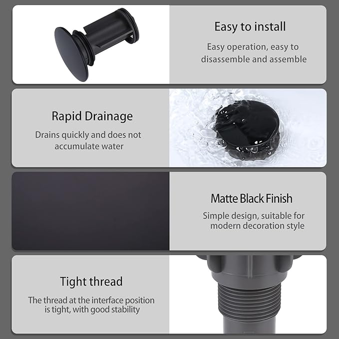 Bathroom Sink Drain, Pop Up Drain Stopper for Bathroom Sink and RV Sink, with Overflow, Matte Black Vessel Sink Drain, Built-in Anti-Clogging Strainer