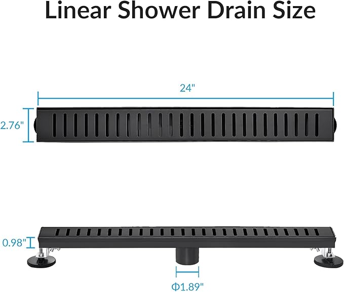24 Inch Linear Shower Drain Bathroom Kitchen Matte Black Floor Drain Removable Capsule Pattern Cover Accessories Shower Drain 304 Stainless Steel Drain with Hair Strainer Adjustable Leveling Feet