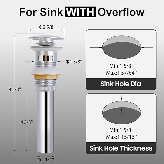 Bathroom Sink Pop Up Drain with Overflow, Sink Pop Up Drain Stopper, Polished Chrome