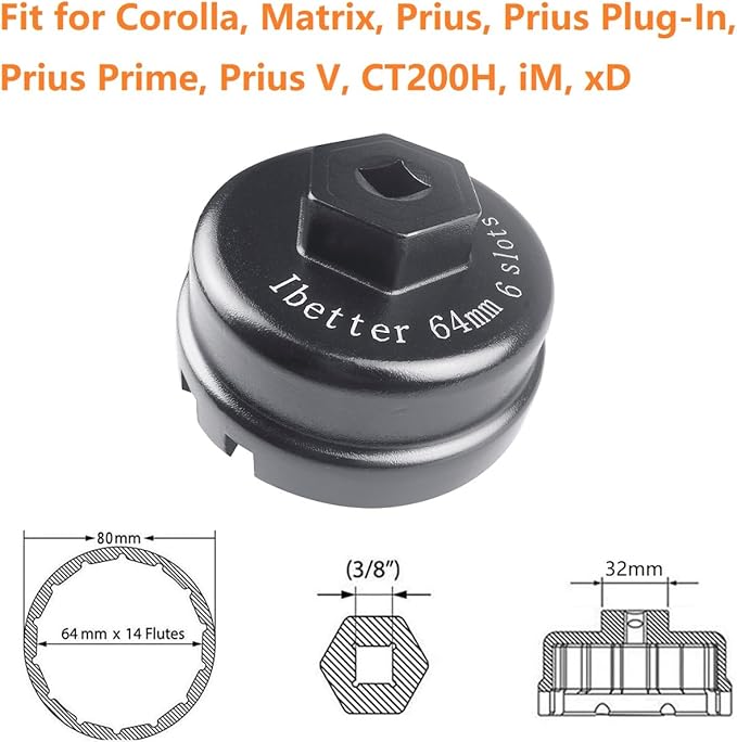 64mm 14 Flute 6 Slots Oil Filter Wrench Tool for Toyota Corolla, Prius, Prius Prime, Prius V, Matrix, CT200h, Scion iM/iQ/xD with 1.8 Liter Engines, Cup Style Oil Filter Cap Removal Socket