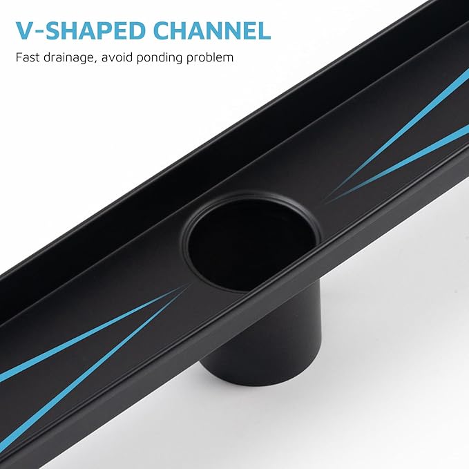 24 Inch Linear Shower Drain Matte Black, Rectangular Shower Floor Drain Kit 304 Stainless Steel, Removable Brick Pattern Grate, Hair Catcher, Leveling Feet