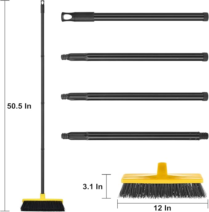 Push Broom Outdoor Indoor Broom 12" Wide,50" Long Handle with Stiff Bristles for Cleaning Scrubbing Deck Driveway Yard Patio Wood Stone Tile Floor