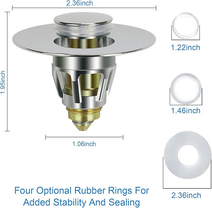 2PACK Universal Bathroom Sink Stopper,1.1-1.5 Inch Bullet Core Push Type Basin Pop-up Drain Filter,Bathtub Converter Sink Drain Strainer Plug No Overflow with Basket Hair Catcher