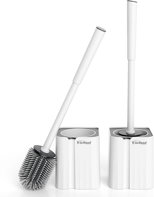 2 Pack Silicone Toilet Brush, Soft Toilet Bowl Cleaner Brush Set for Deep Cleaning. Bathroom Accessories with Long Handle, Wall mountable. - White