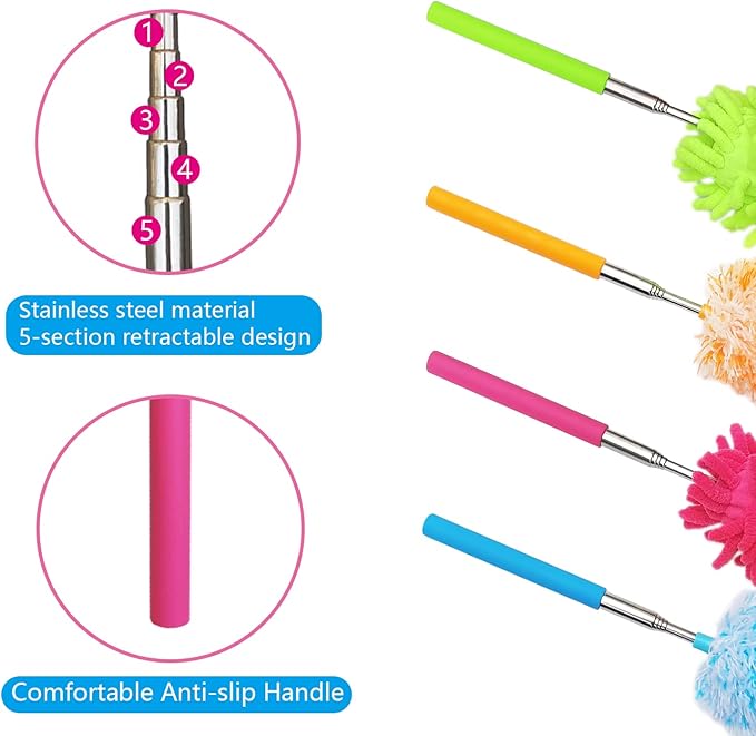 4 Pack 13" to 30" Extendable Feather Duster Kit, Washable Duster Head, Microfiber Duster for Office, Car, Window, Furniture