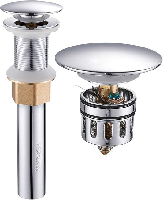 Bathroom Sink Drain, Vessel Sink Pop Up Drain with Detachable Basket Stopper,Anti-Explosion and Anti-Clogging Drain Strainer, Sink Drain Assembly Without Overflow Polished Chrome, REGALMIX RWF082A