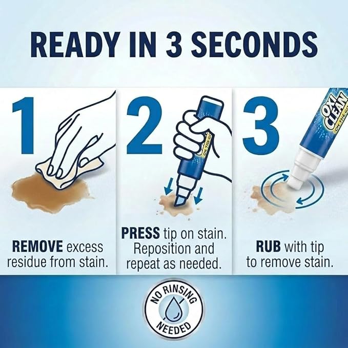 OxiClean On The Go Stain Remover Pen for Clothes, Portable Instant Travel Size Stick, Safe Cloth Stain Remover for Makeup Food and Drink, Stain Pen for Clothes, Pack of 3