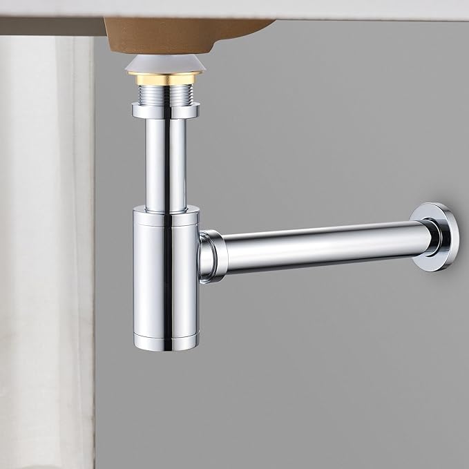 Bathroom Basin Sink Waste P-Trap Drain Kit, Adjustable Bottle Trap with Pop Up Drain Stopper Without Overflow, Chrome