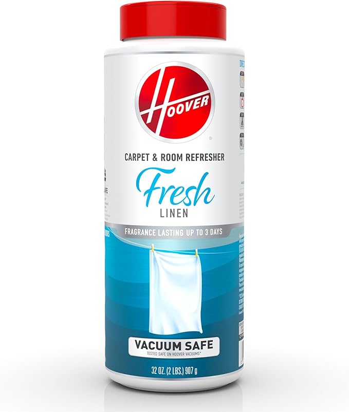 Hoover Carpet and Room Refresher, 32 oz, Carpet Powder, Odor Remover, Fresh Linen Scent, Vacuum Cleaner Safe, For Use on Carpets, Rugs, Couches and More, For Home Use