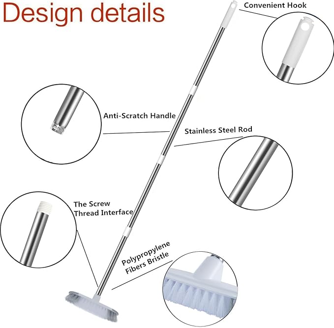 MEIBEI Floor Scrub Brush with Long Handle 54" Stiff Bristle Shower Deck Brush, Adjustable Stainless Metal Handle for Cleaning Tile, Bathroom, Tub, Bathtub and Patio