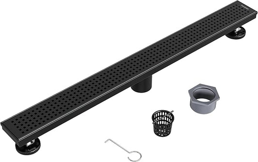 Neodrain 28-Inch Black Linear Shower Drain with Removable Quadrato Pattern Grate,Professional 304 Stainless Steel Rectangle Shower Floor Drain Manufacturer,Leveling Feet,Hair Strainer,Matte Black