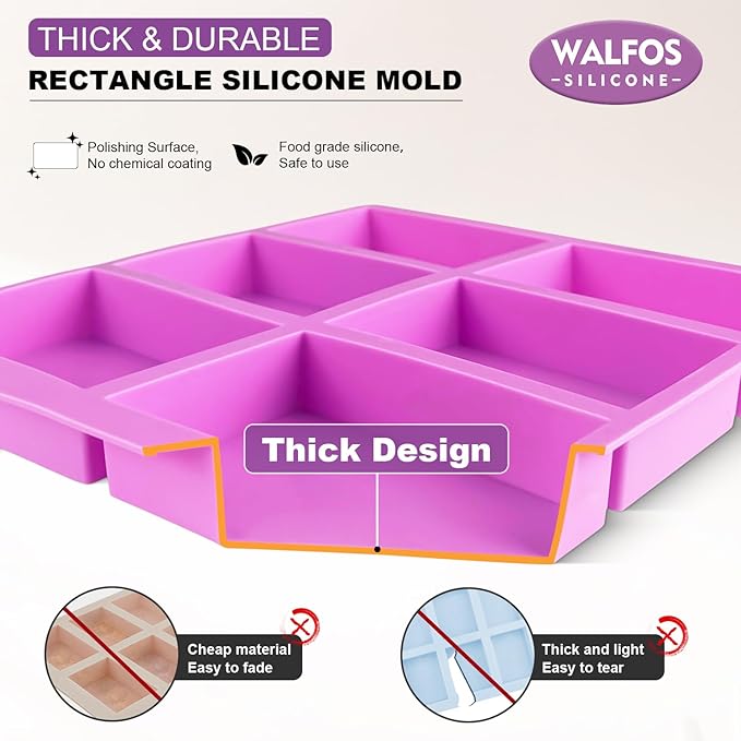 Walfos Silicone Soap Molds, 4 Pieces Rectangle Soap Molds 6 Cavities for Homemade Craft Soap, Cake, Rice Crispy, Chocolate ＆ Ice Cube Tray（Purple ＆ Pink）