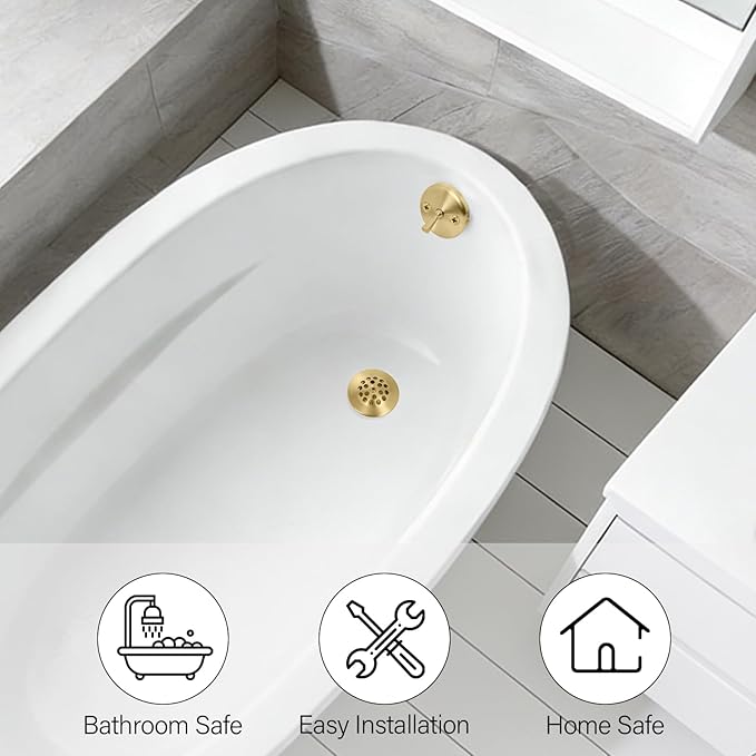 Gold Trip Lever Bathtub Drain Tub Trim Set with Trip Lever Overflow Face Plate and Strainer Bathroom Tub Drains Replacement Conversion Tub Drain Kit Assembly with Universal Fine & Coarse Thread