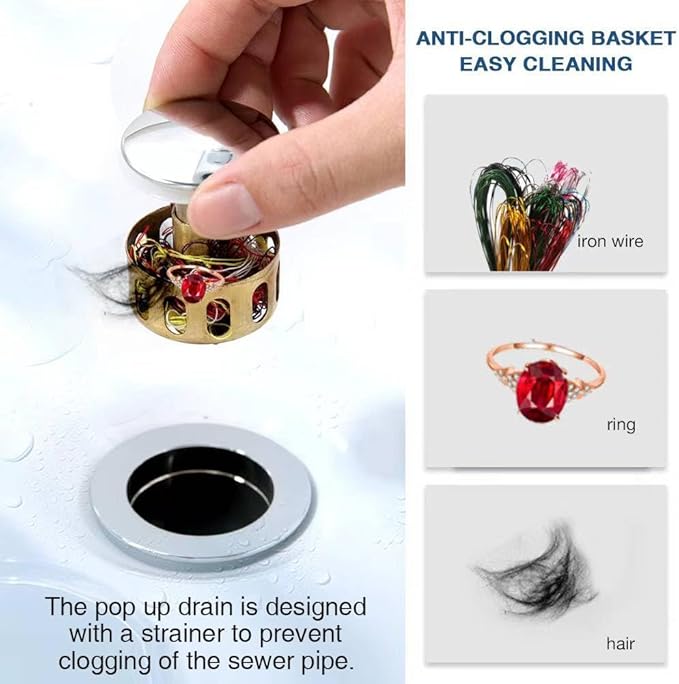 Bathroom Sink Drain with Overflow, Polished Chrome Sink Drain for Bathroom Sink, Universal Stainless Steel Chrome Sink Drain, Pop Up Drain Stopper with Detachable Basket