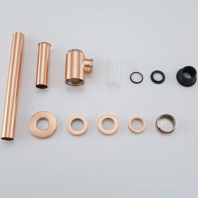 RANDOM Brass Contemporary Round Bottle P Trap 1 1/4 Basin Sink Waste Drain P Trap Kit, Copper Satin, Also Red Antique Copper（Brushed Rose Gold）