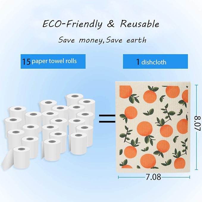 Swedish Dishcloth Reusable Kitchen Dish Towels Absorben and Fast Dry Cleaning Cloths Set of 4 No Odor Wipes (Orange)