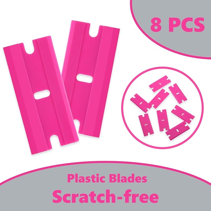 2 Pack Non-Scratch Plastic Scrapers, 8 Red Replacement Razor Blades, House & Car Cleaning Tool for Glass, Cooktop, Oven, Stove, Remove Stain, Paint, Glue (grey pink)