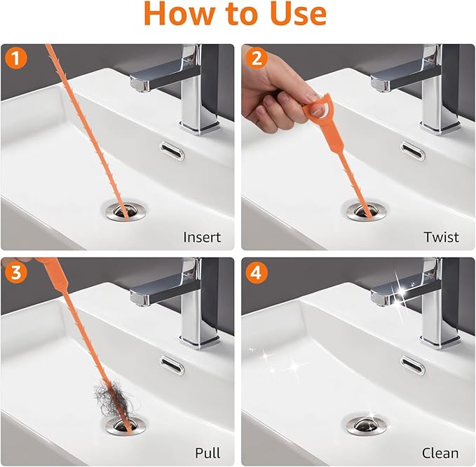 Amazon Basics Drain Clog Remover Tool, 6 Pack with 5 Plastic and 1 Stainless Steel Drain Snakes, Hair Unclogger for Toilet, Kitchen Sink, Bathroom Tub, Shower, Sewer