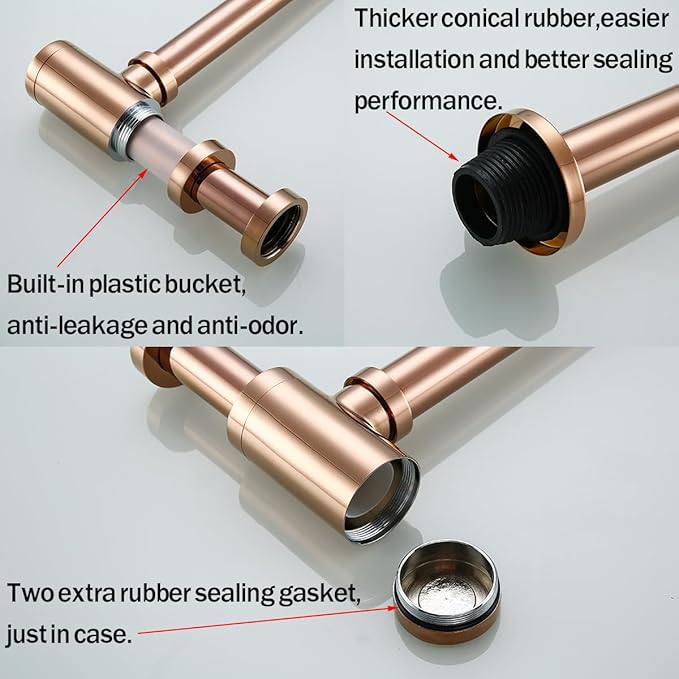 RANDOM Brass Contemporary Round Bottle P Trap 1-1/4,Bathroom Lavatory Adjustable Basin Sink Waste Drain P-Trap Kit Rose Gold Sink Trap.83888RG